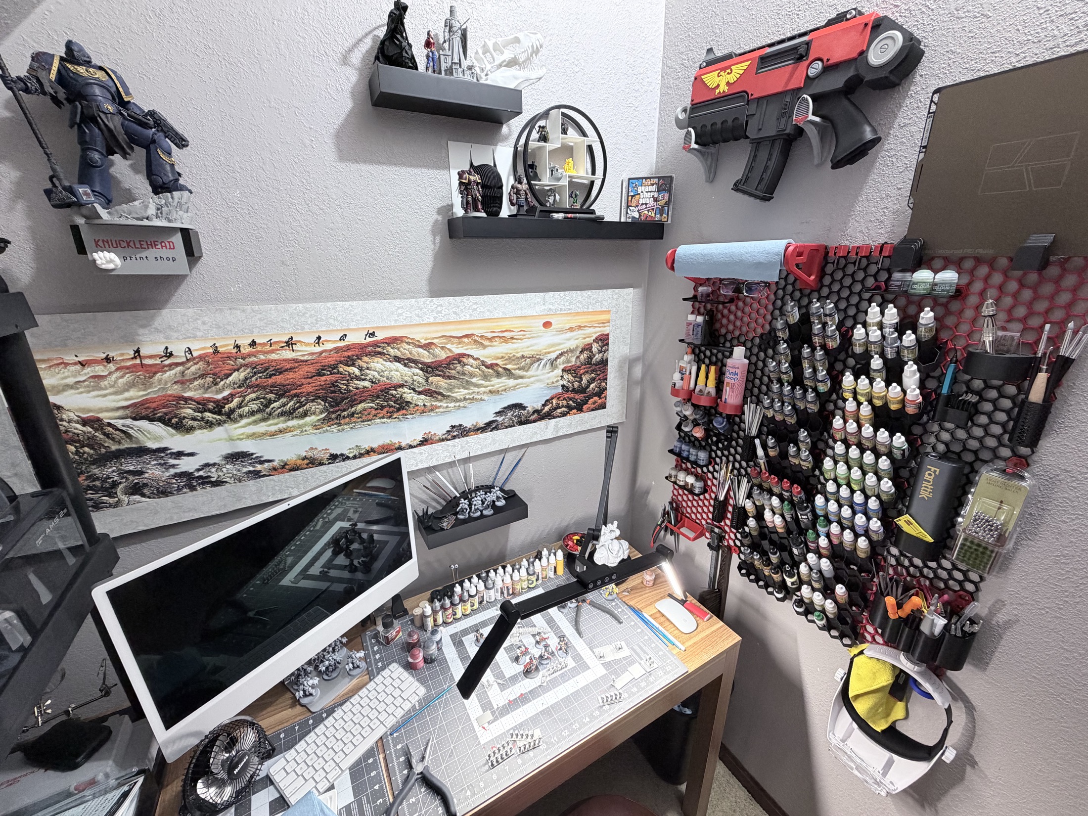 Overhead detail of paint racks and miniature work area